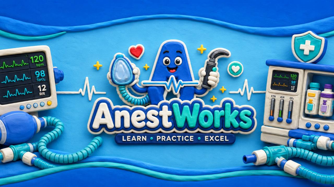 Arte da marca AnestWorks com ilustrações de equipamentos de anestesia em azul e turquesa